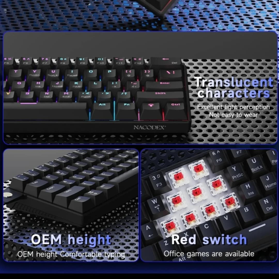 AJAZZ NK61 Wired Mechanical Keyboard 61 Keys 60% Compact  Hot Swappable Red Switch RGB Backlit Portable for Gaming Laptop Gamer - 5