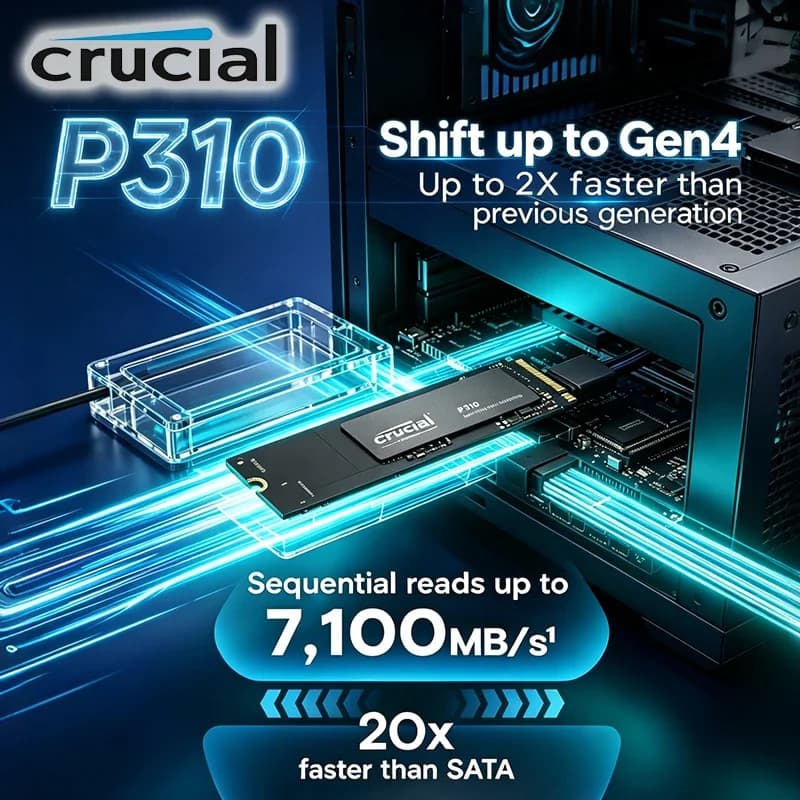 قرص صلب داخلي Crucial P310 M.2 2280 PCIe Gen4 NVMe SSD بسعة 1 تيرا بايت أو 2 تيرا بايت، تقنية 3D NAND، سرعة تصل إلى 7100 ميجا بايت/ثانية، للابتوب والكمبيوتر المكتبي، حزمة OEM
