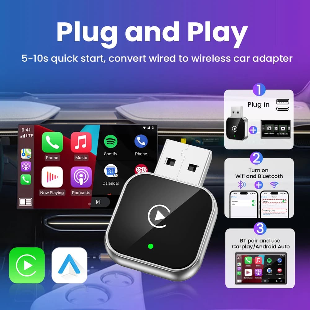 NEW 2in1 Wireless CarPlay Android Auto Adapter Smart Dongle Plug And Play For Volvo XC90 S90 V90 XC60 S60 V60 XC40 EX30 C40 - 2