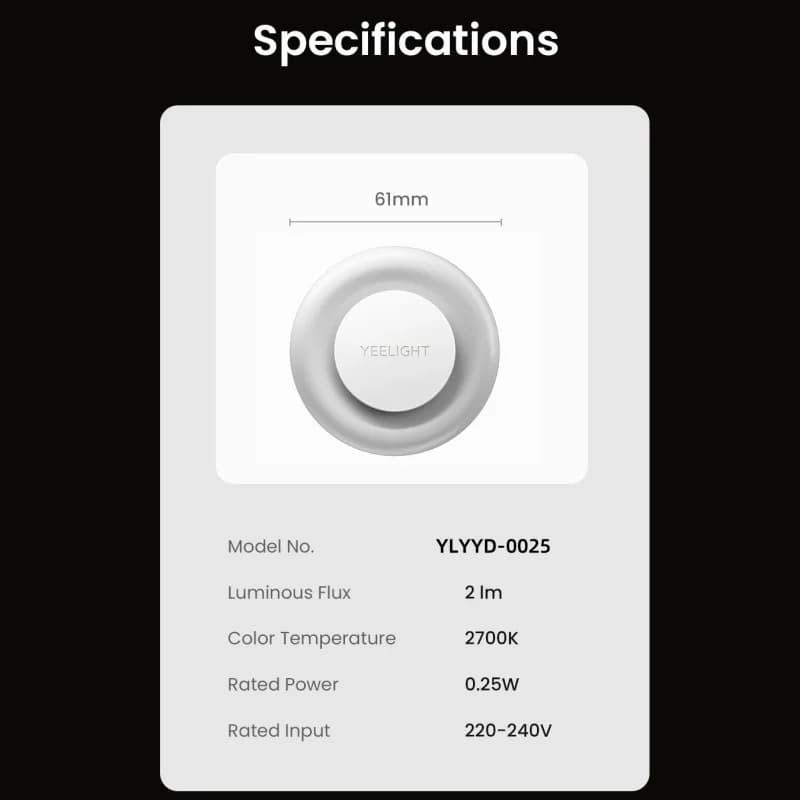 YEELIGHT Plugged in Mini Night Light Warm White 220V with Light Sensing Mode Type-C Charging Port 0.25W Low Power 2700K EU Plug - 6
