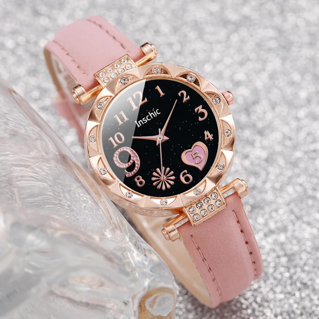 6PCS/Set Fashion Heart Dial Women's Watch Casual Leather Band Analog Quartz Watch Leaf Bracelets Set（Without Box） - 4