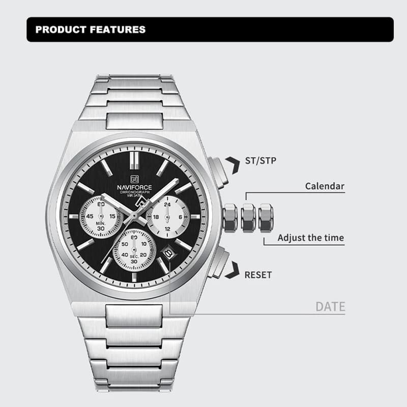 ساعة NAVIFORCE Trend من الفولاذ المقاوم للصدأ للزوجين، كوارتز مع عرض التاريخ، كرونوغراف للعشاق، مقاومة للماء، ساعة يد عصرية - 2