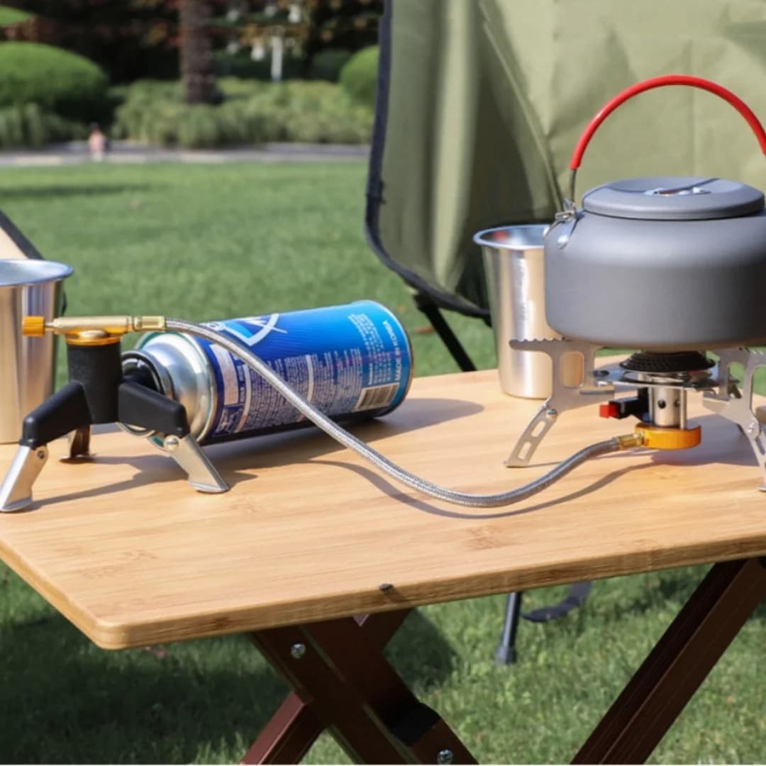 موصل محول موقد غاز تخييم محمول مع حامل ثلاثي قابل للطي من الفولاذ المقاوم للصدأ - معدات طبخ للمشي لمسافات طويلة - 3