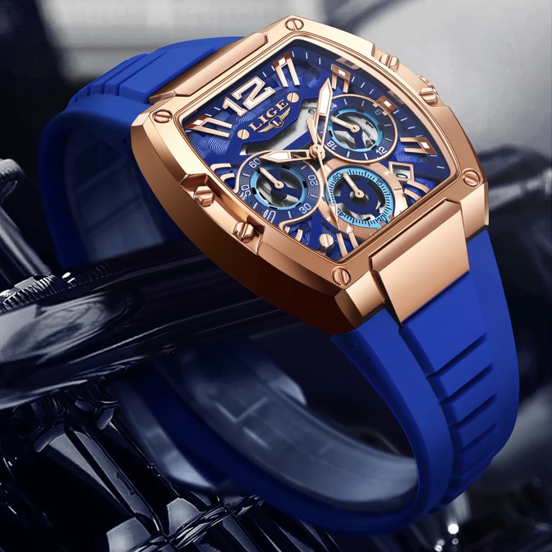 2025 LIGE New Men's Watch Multi Functional Quartz Rectangular Golden Sports Clock Casual Fashion Silicone Strap Men Watch+Box - 2
