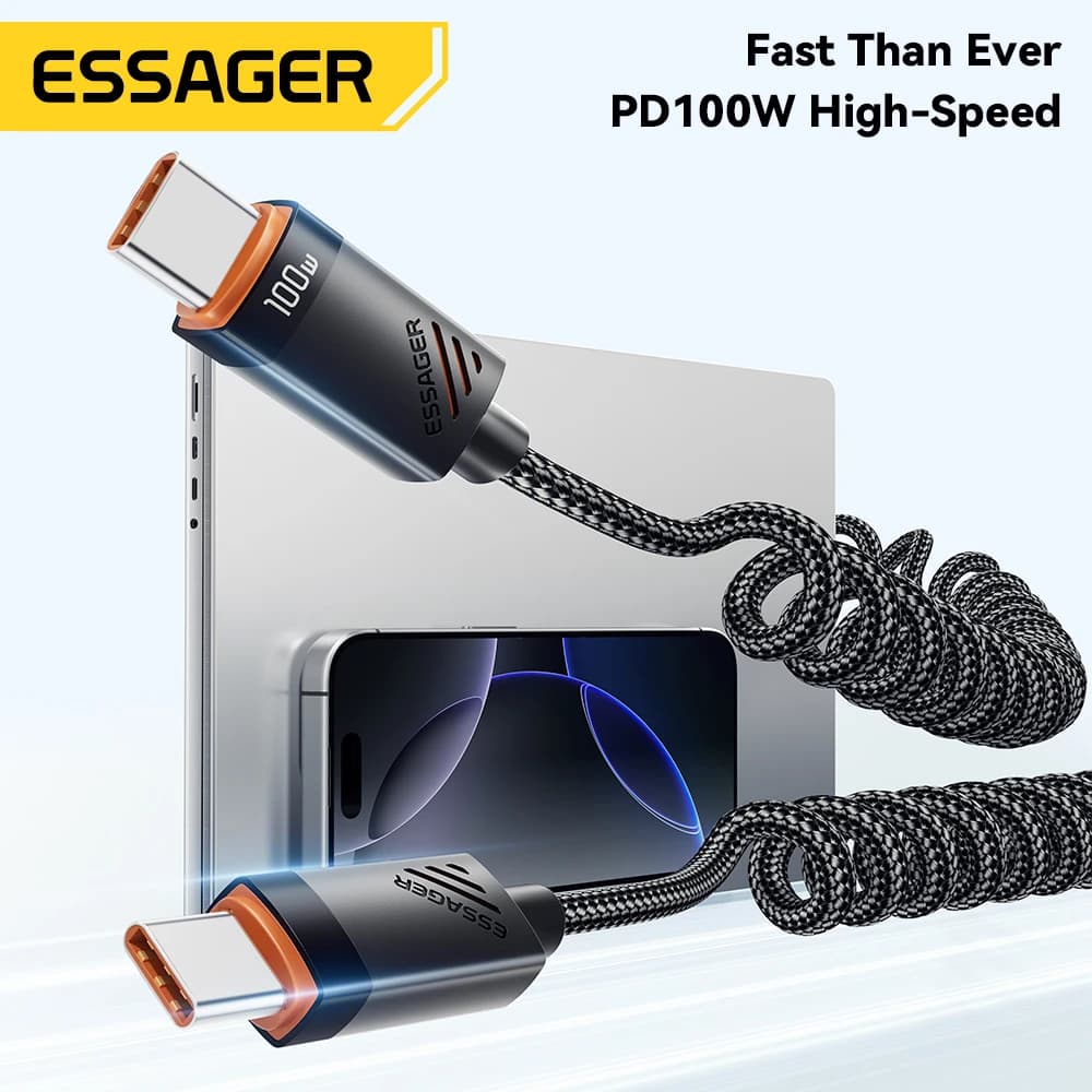 Essager Car Spring Type C Cable  For iPhone 17 16 15 Pro Xiaomi Samsung 100W PD Fast Charging For Macbook iPad Type C to C Cable - 2