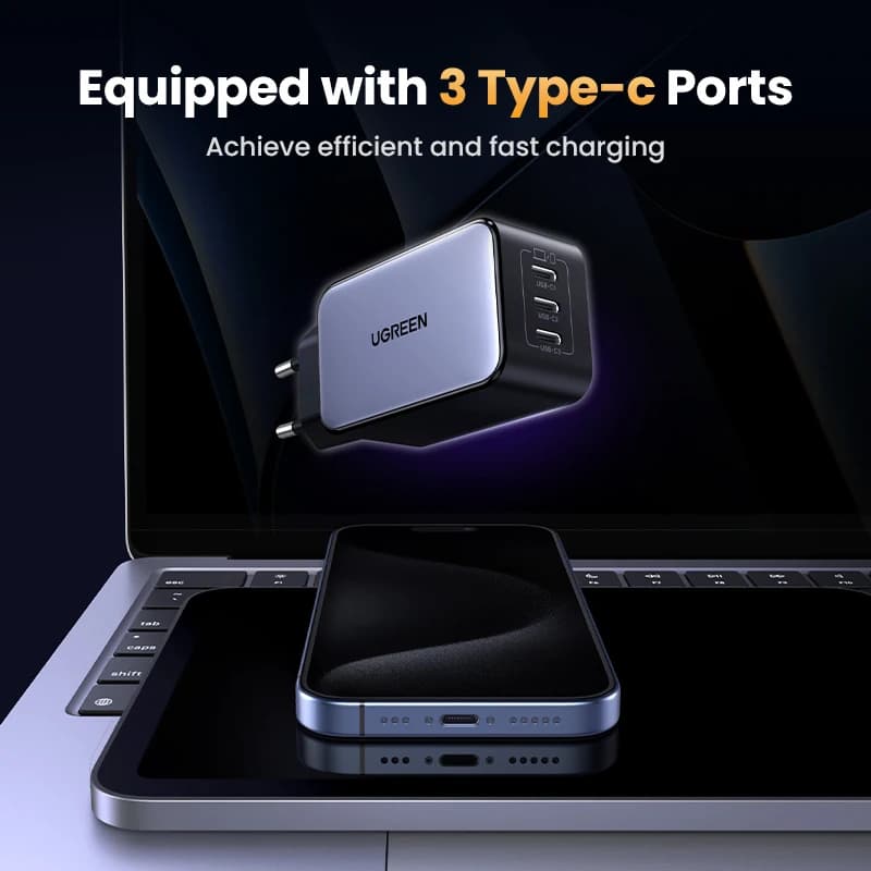 شاحن GaN من UGREEN بقوة 65 واط يدعم Quick Charge 4.0 و3.0 وPPS وPD 3.0 للشحن السريع لأجهزة ماك بوك أير والكمبيوتر المحمول والتابلِت وهواتف آيفون 17 و16 و15 برو - 3