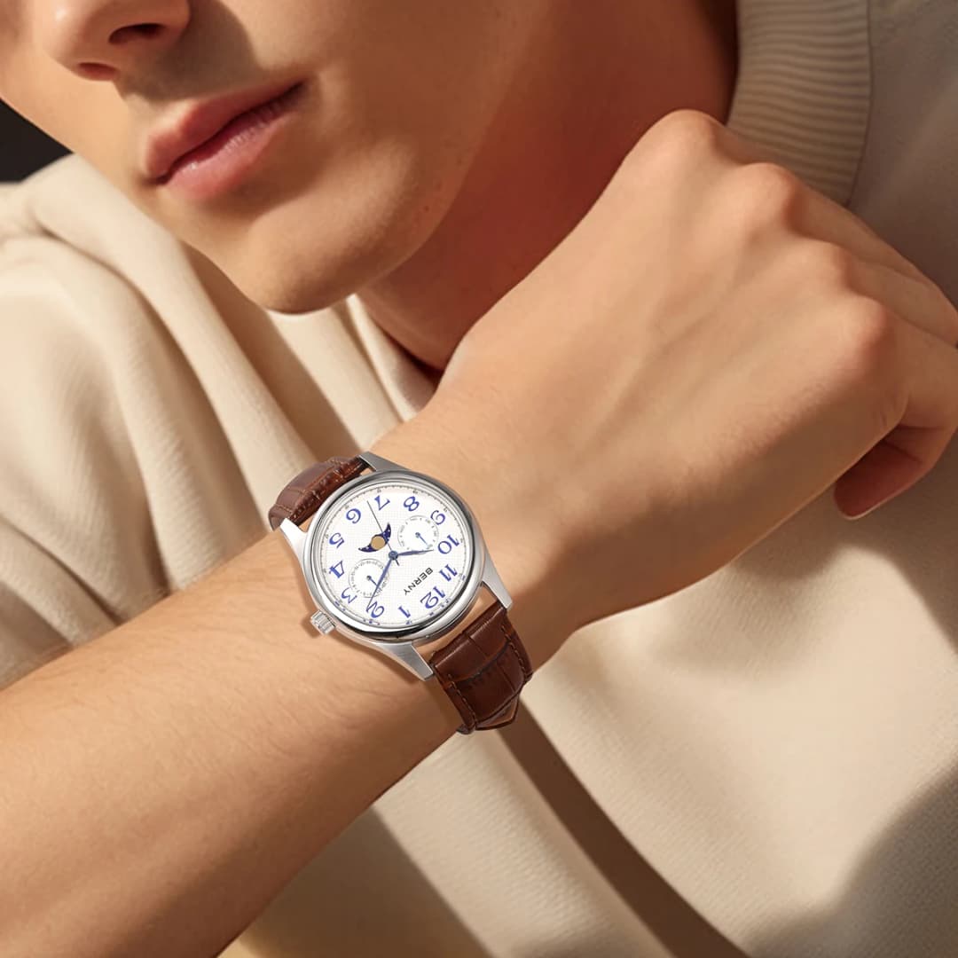 BERNY Watches for Men Moon Phase Quartz Men's Watch Day and Date Calendar Easy Read Vintage-Style Business Dress Wristwatch - 5