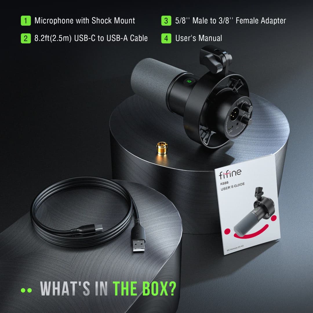 FIFINE USB/XLR Dynamic Microphone with Shock Mount,Touch-mute,Headphone Jack&Volume Control,for PC or Sound Card Recording -K688 - 6