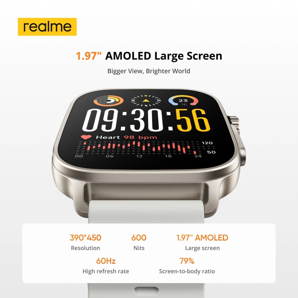 ساعة realme Watch 5 الذكية الإصدار العالمي شاشة 1.97 بوصة AMOLED مراقبة الرياضة والصحة عمر بطارية 14 يوم IP68 بلوتوث 5.3 - 4