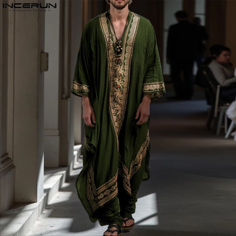 INCERUN Men Jubba Thobe Printing Patchwork V Neck Long Sleeve Male Robes Muslim Kaftan Loose 2025 Arab Casual Men Caftan Abaya - 5
