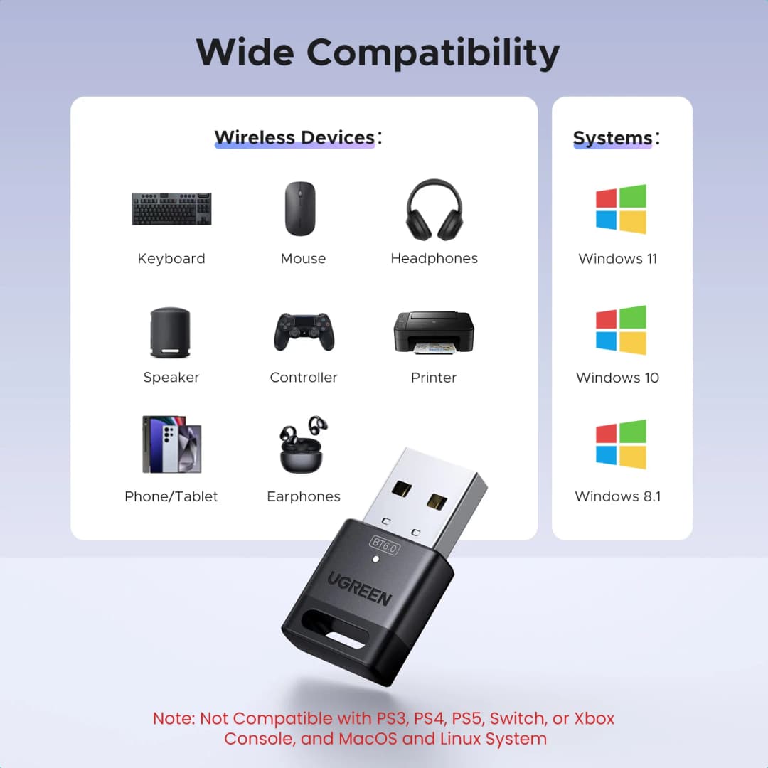 UGREEN USB Bluetooth Adapter, Bluetooth 6.0 Dongle for PC Windows 11/10/8.1, Bluetooth Receiver & Transmitter for Keyboard/Mouse - 4