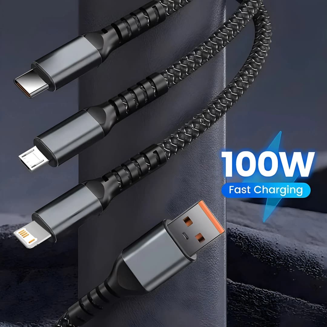 3-in-1 USB 100W 6A Fast Charger Cable Car USB To Type-C Micro LIGHTNING Cable For iPhone 16 15 14 13 Samsung Xiaomi Huawei - 2