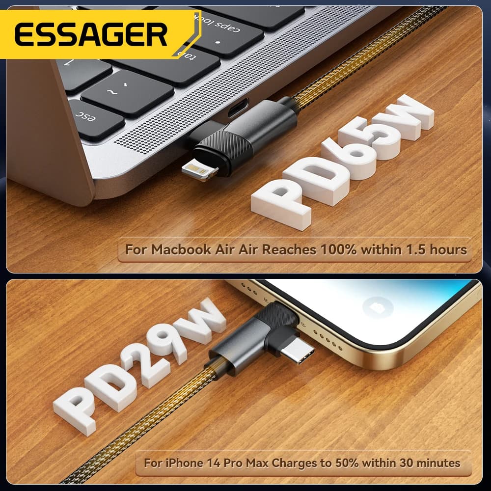 Essager 2-in-1 Right Angle Cable PD 65W 29W Fast Charging Elbow Data Cable For iPhone 15 14 13 MacBook Lenovo Asus Dell iPad Pro - 4