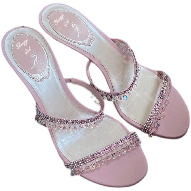 2025 Summer New Sexy Women Sandals Thin Heel Rhinestone High Heels Open Toe Backless Slippers Fairy Style - 5