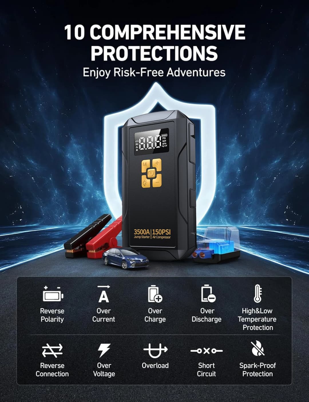 Jump Starter with Air Compressor 3500A Jump Starter 150PSI Air Pump Multifunctional Tire Inflator Power Bank Lighting for Car - 6