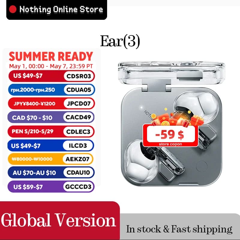 Nothing Ear (3) Wireless Earbuds Super Mic 45dB Hybrid Active Noise Cancelling Bluetooth Headphones Hi-Res 6 Mics, 12mm Dynamic