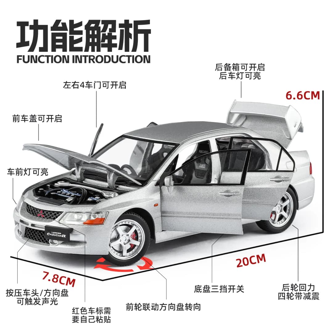 سيارة ميتسوبيشي EVO9، مقياس 1:24، سبيكة معدنية، مع أصوات وأضواء، هدية للأطفال - 4
