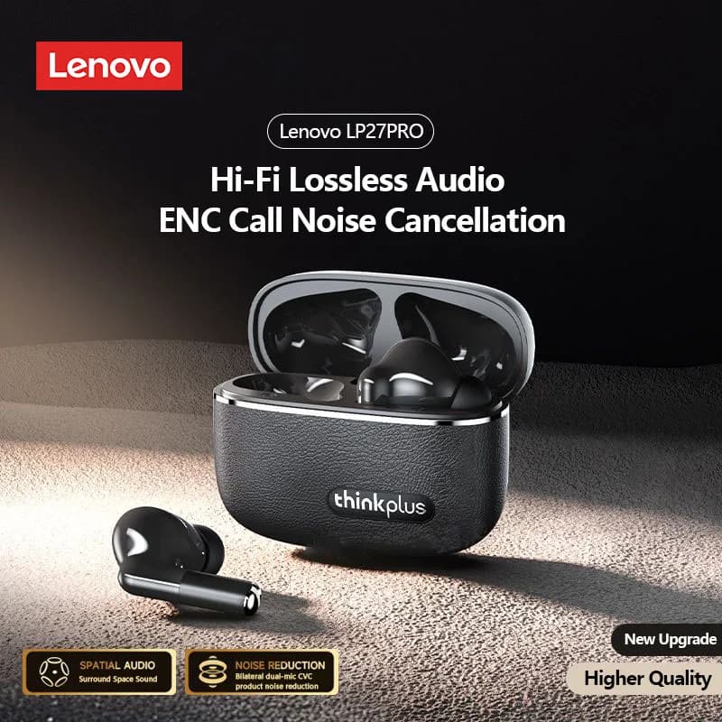 سماعات رأس لينوفو LP27 برو لاسلكية بلوتوث، مكالمات ENC واضحة، إلغاء الضوضاء، تحكم باللمس، سماعات ألعاب مع ميكروفون