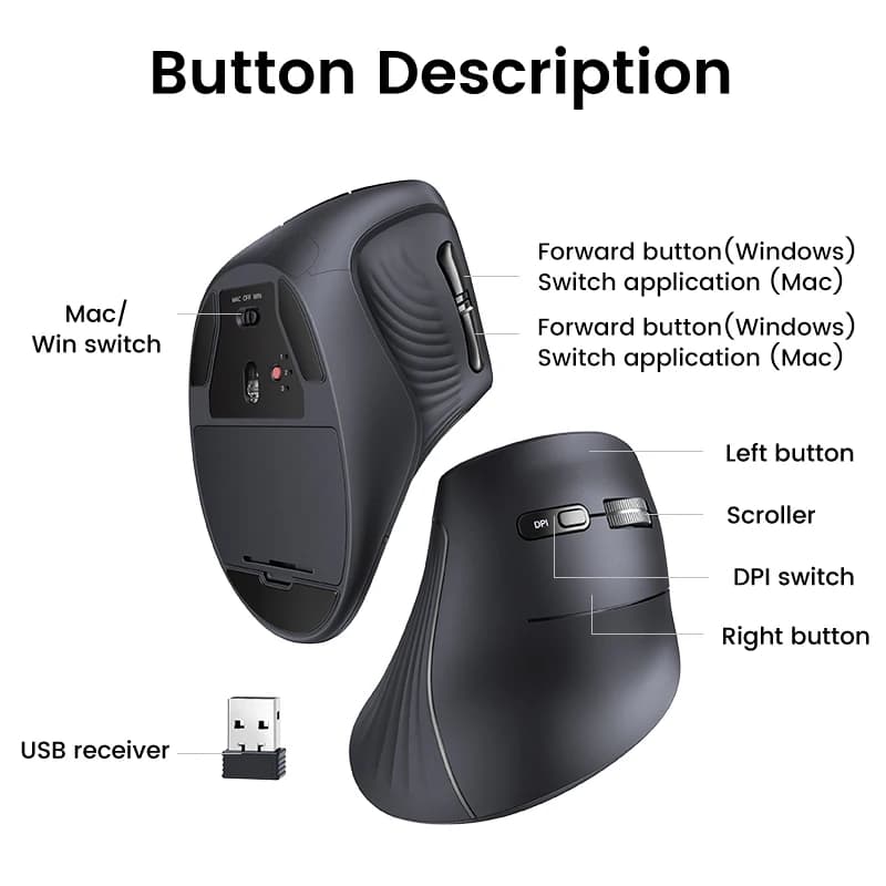 UGREEN Vertical Mouse Wireless Bluetooth5.0 2.4G Ergonomic 4000DPI 6 Mute Buttons for MacBook Tablet Laptops Computer PC Mice - 6