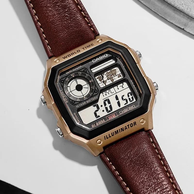 ساعة Casio، مجموعة ساعات رجالية فاخرة، ساعة رقمية عسكرية LED رياضية، موديل AE-1200WHL-5A