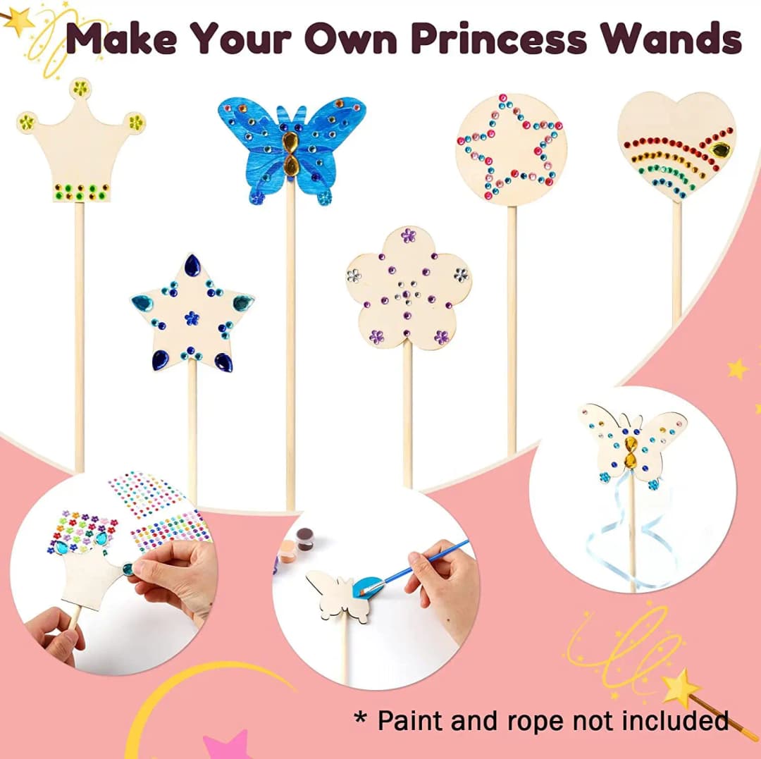 6/12Pcs DIY Wooden Princess Wands Craft Kit Unfinished Wooden Wands for Painting Fun Party Supplies for Birthday Parties Gift - 3