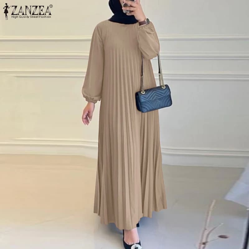 Ramadan Muslim Dress Abaya ZANZEA Casual Kaftan Women Long Sleeve Pleated Sundress Hijab Robe Femme IsIamic Clothing Eid Mubarek - 3