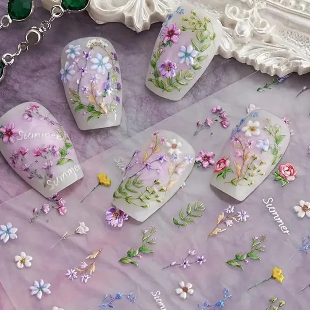 1pc Flower Nail Stickers Summer Floral Leaf Plant 5D Embossed Nail Slider Decals Self-Adhesive Nail Art Supplies Manicure Decor - 4