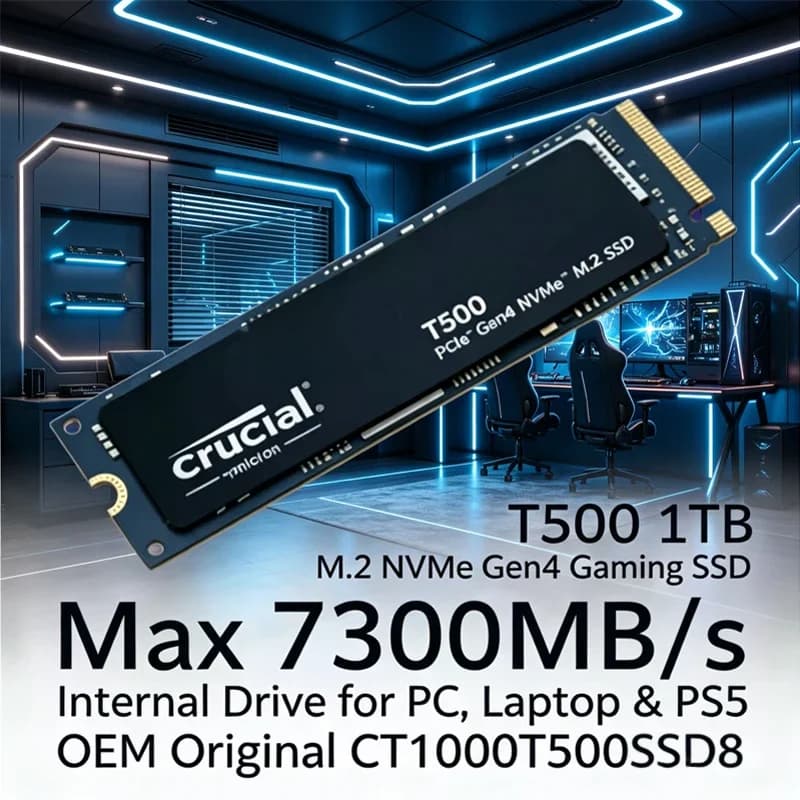 Crucial T500 1TB Gaming M.2 2280 PCIe 4.0 NVMe SSD, Max 7300MB/s, OEM CT1000T500SSD8, Works for PC, Laptop & PS5