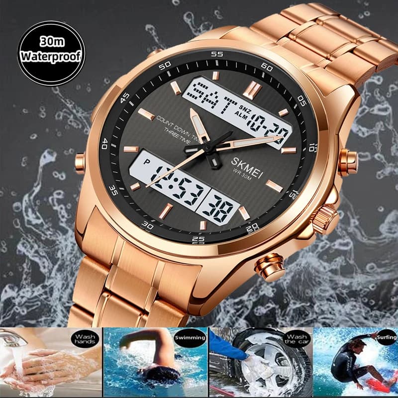 Skmei Mens Quartz Analog Bracelet Watches Luxury Stainless Steel Strap Led Waterproof Digital Sports Three Time Zone Alarm Clock - 4