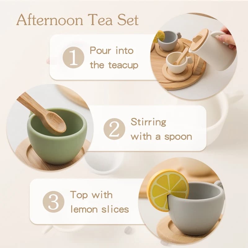 Wooden Children Montessori Toy Teapot Teacup Simulation Kitchen Utensil  BPA Free Silicone Kid Education Pretend Play Toy Gift - 3