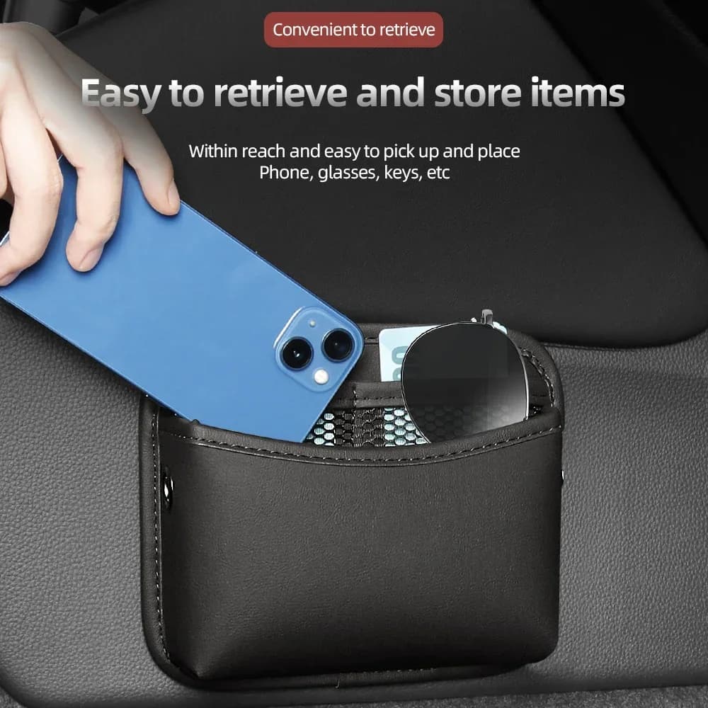 Black PU Leather Car Organizer Pocket Bag For Collecting Bag Cards Phone Key Paste Box Self Adhesive Car Storage Pocket - 6