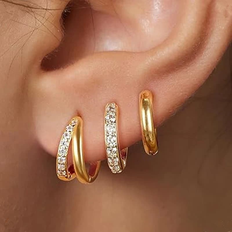 3PCS Sets Stainless Steel Square Zirconia Hoop Earrings For Women Daily Life Cartilage Stud Earrings Piercing Jewelry Gift - 3