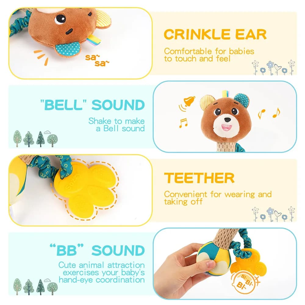 Baby Rattles Soft Stuffed Animal Rattle Hand Grip Baby Toys Shaker Crinkle Squeaky Sensory Travel Accessories for Toddler Gifts - 3