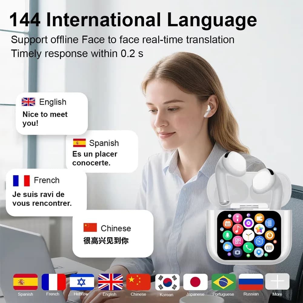 المترجمين في الوقت الحقيقي سماعات لاسلكية سماعات إلغاء الضوضاء IPX7 مقاوم للماء التحكم الذكي باللمس الاطفال النساء الرجال سماعات الأذن - 2