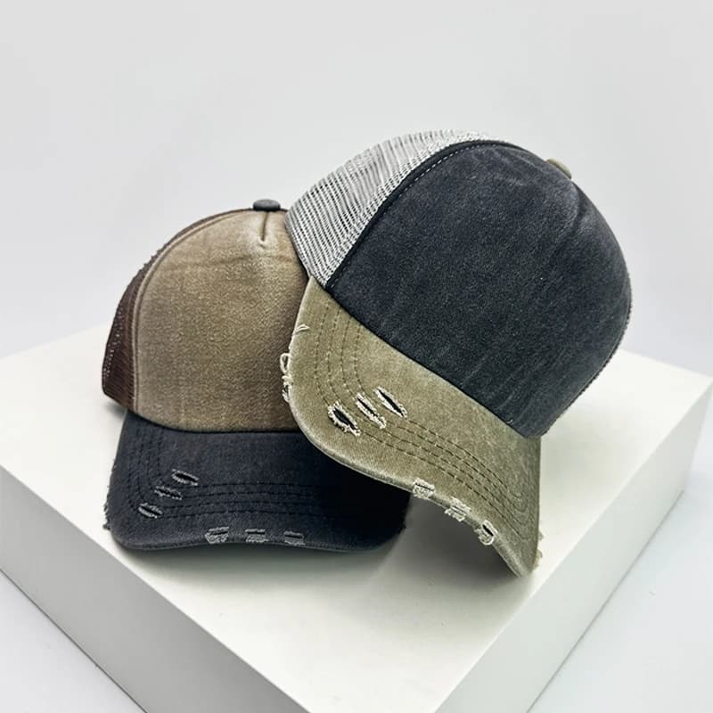 New Unisex Color Block Broken Style Baseball Hats Distress Breathable Mesh Sunshade Retro Trucker Caps Versatile Simple Fashion - 4