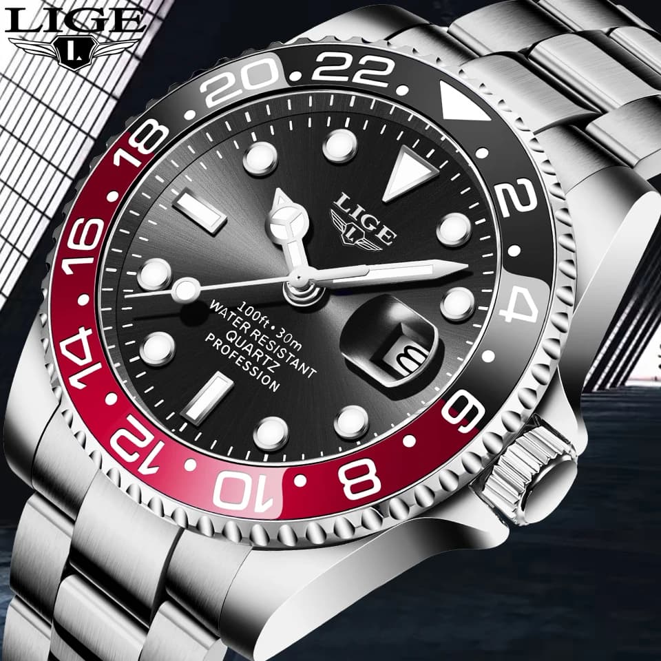 ساعة غوص LIGE للرجال، ساعة أعمال مقاومة للماء حتى 3ATM، كرونوغراف مضيء للرياضات الخارجية