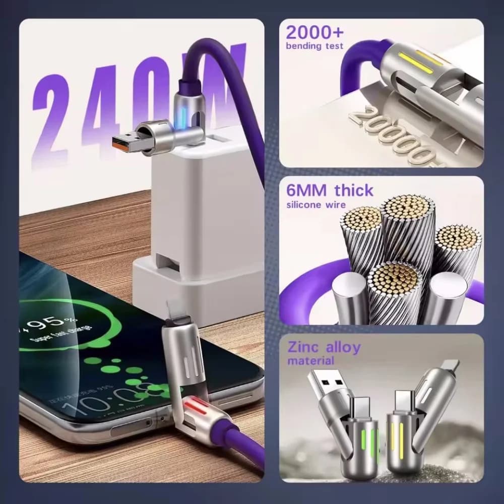 كابل شحن USB 4 في 1 شحن سريع بحد أقصى 240 وات لايتنينج متعدد الوظائف من سبائك الألومنيوم 240 وات مناسب لهاتف iPhone15 16 Samsung - 5