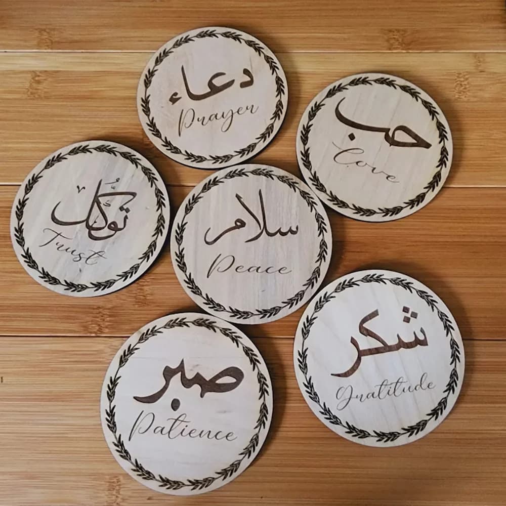7Pcs Islamic Wooden Coasters Ramadan Arabic Calligraphy Daily Reminder Virtues of Muslim Kitchen Table Decor Housewarming Gift - 4