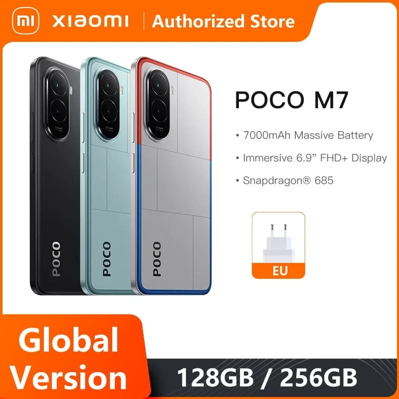 هاتف POCO M7 الإصدار العالمي، معالج Snapdragon® 685، NFC، بطارية 7000 مللي أمبير، شاشة 6.9 بوصة FHD+، كاميرا مزدوجة 50 ميجابكسل مع الذكاء الاصطناعي، نظام Xiaomi HyperOS 2