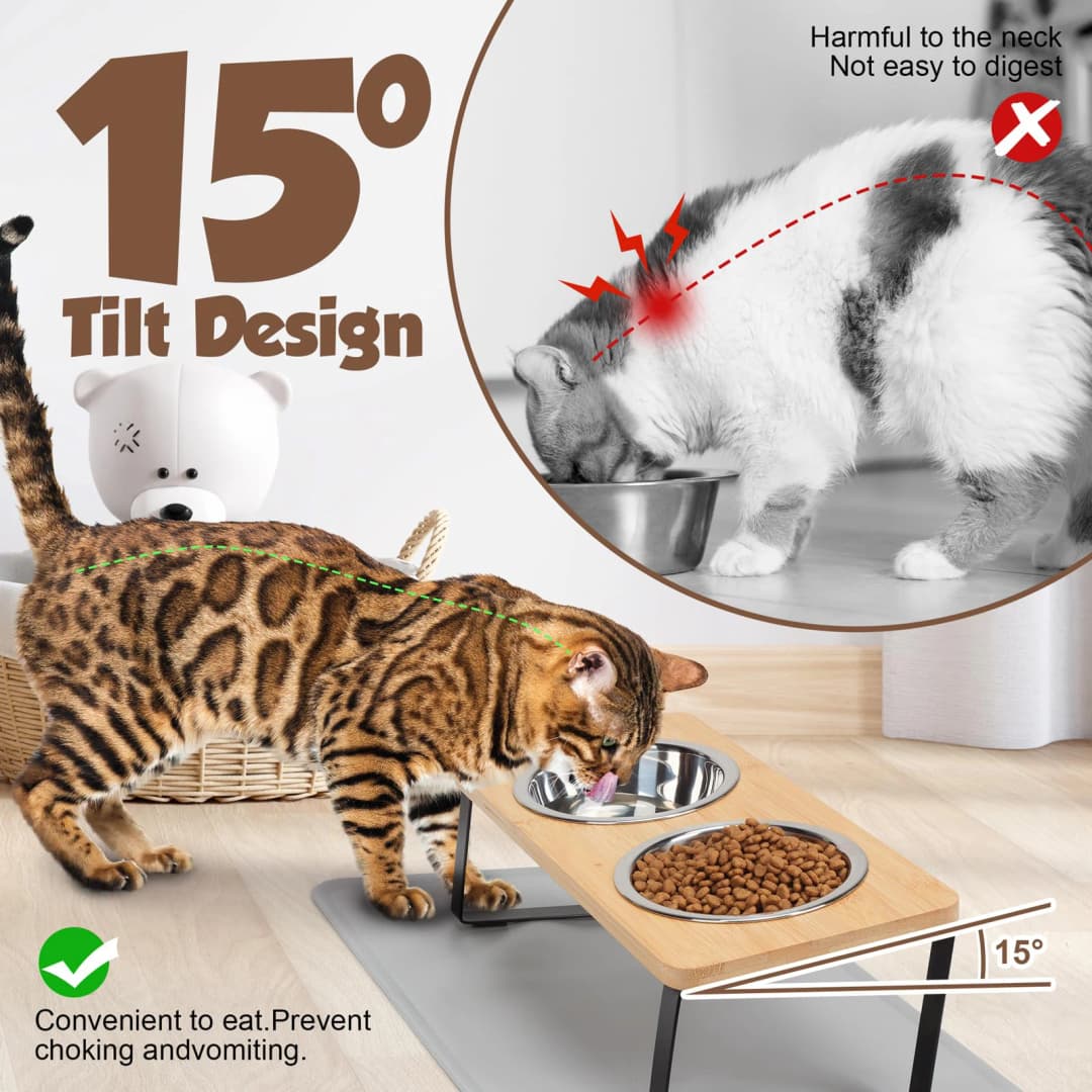 Elevated Cat Bowls with Food Mat 15° Tilted Stand Raised Cat Dishes for Food and Water Feeder 2 Stainless Steel Bowls for Cats - 3