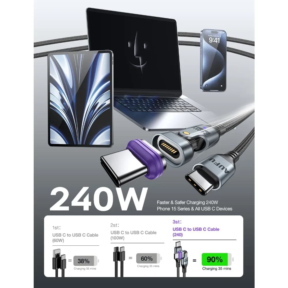 AUFU 16pin 180 Rotate Magnetic Cable 240W Fast Charging Micro USB Type C Cable For iPhone Xiaomi Samsung Magnet USB Phone Cable - 2