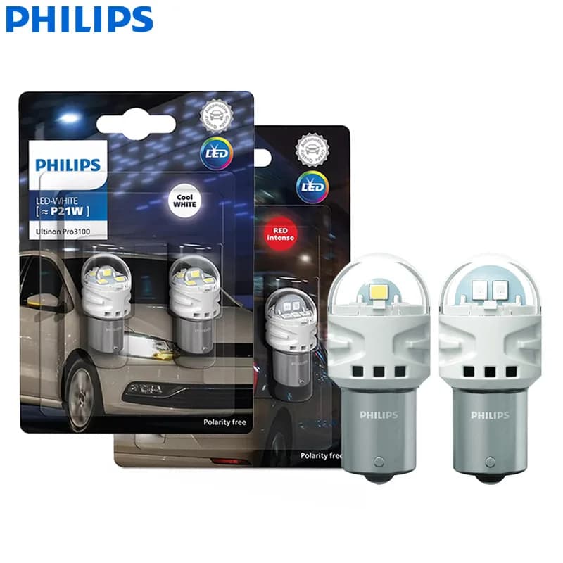 Philips Ultinon Pro3100 LED P21W 1156 S25 Red White Color Car Turn Signals Lamps Reverse Light Rear Bulbs Stop Fog Beams, 2x