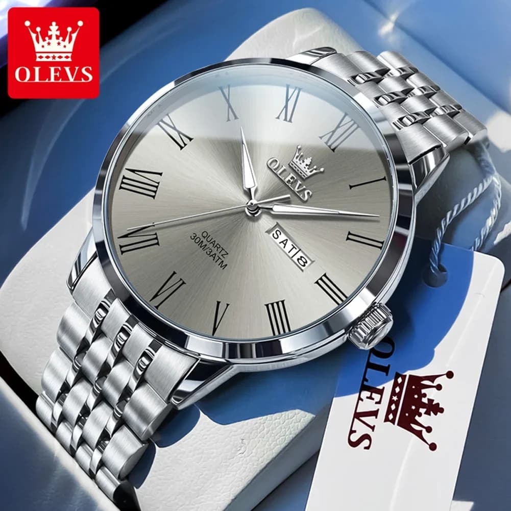 ساعة أوليفز بتصميم أعمال بسيط من الفولاذ المقاوم للصدأ للرجال، أيدي مضيئة، مقياس روماني، تقويم، مقاومة للماء، ساعات كوارتز فاخرة للرجال
