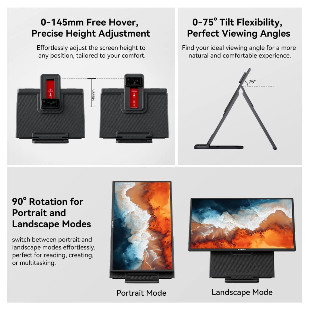 Blackview Portable Monitor, 23.8''1080P FHD 100Hz Laptop Screen Extension, IPS Gaming Monitor, 90° Rotatable Adjustable Stand - 6