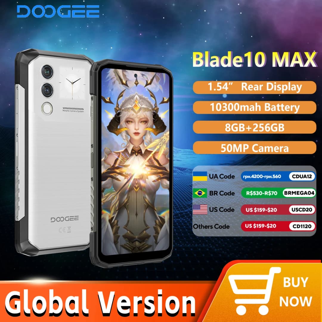هاتف DOOGEE Blade10 Max المتين بشاشة 6.56 بوصة بمعدل تحديث 90 هرتز من نوع IPS، ذاكرة 8 جيجابايت و256 جيجابايت، شاشة خلفية 1.54 بوصة، كاميرا رئيسية بدقة 50 ميجابكسل مع تقنية الذكاء الاصطناعي، بطارية 10300 مللي أمبير، شحن سريع 18 واط