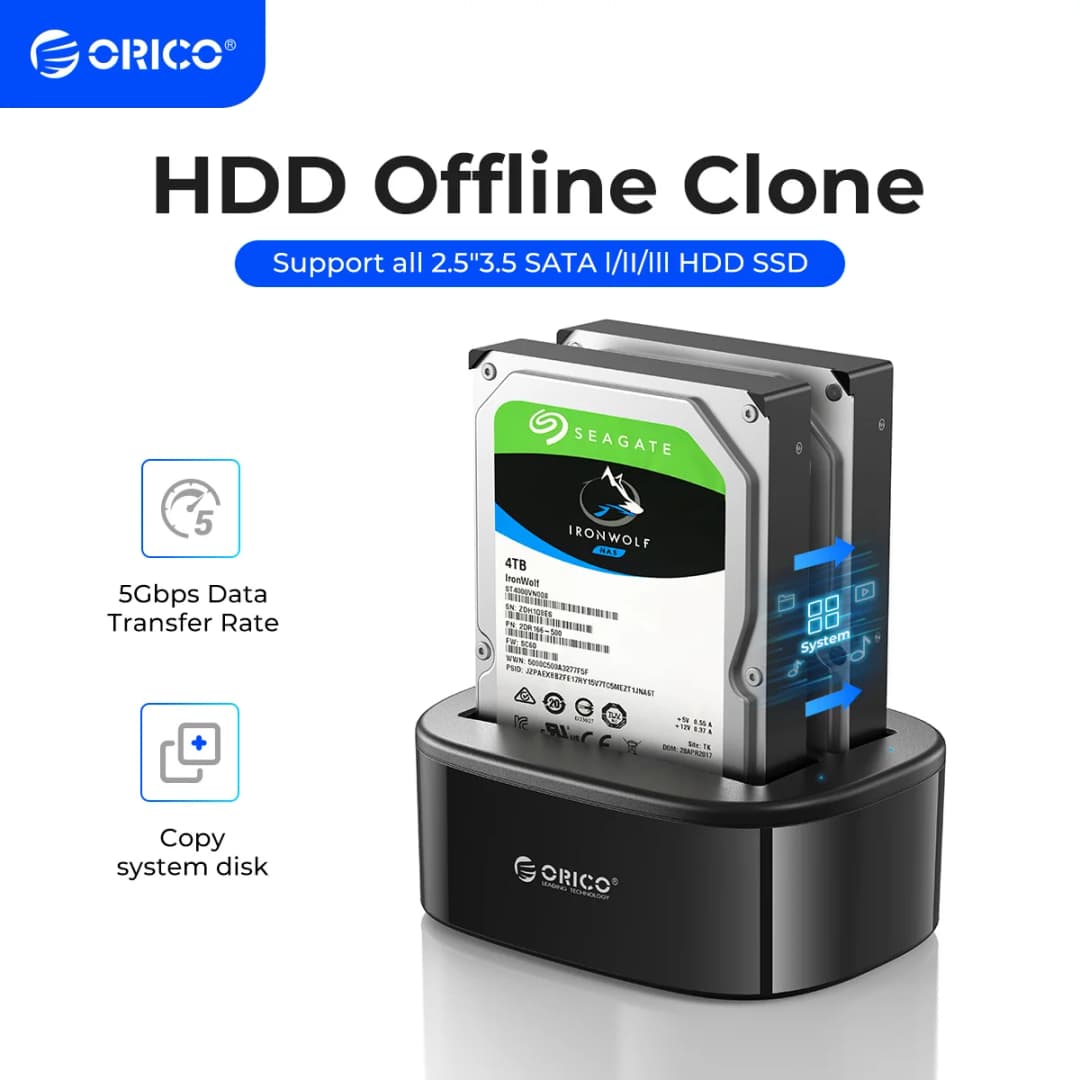 ORICO محطة إرساء مزدوجة لـ HDD مع نسخ SATA إلى USB 3.0 بدون اتصال لمحطة إرساء نسخ HDD لأحجام 2.5/3.5 بوصة SSD HDD