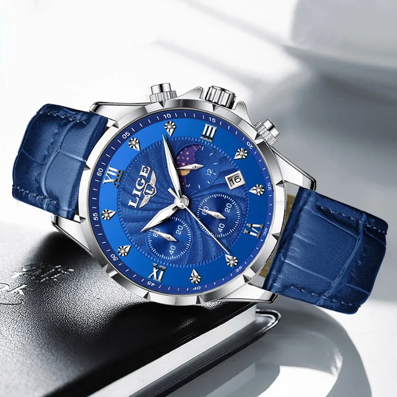 LIGE Blue Leather Watch Men Fashion Business Military Watches For Men Waterproof Sport Men's Quartz Wristwatch Relojes Hombre - 2