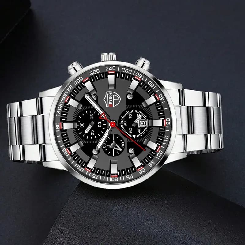 3PCS DEYROS Fashion Mens Calendar Watches Luxury Male Stainless Steel Quartz Wristwatch Men Bracelet Necklace Wrist Watch - 5