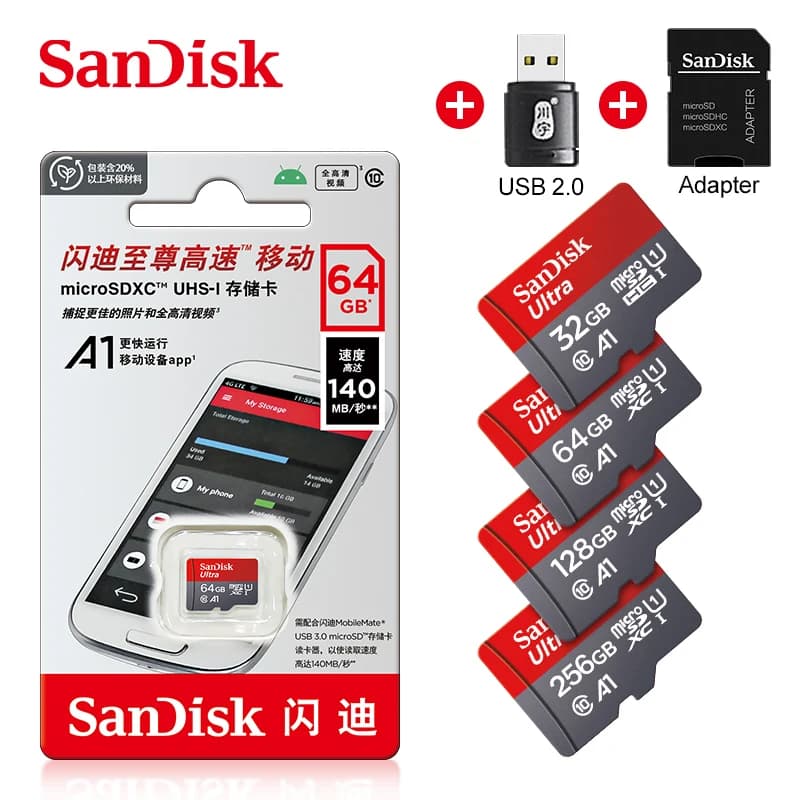 SanDisk 100% Original Micro tf Card 128GB 64GB 32GB A1 Class 10 Memory Card UHS-1 TF Flash Card for Samrtphone/PC with card read