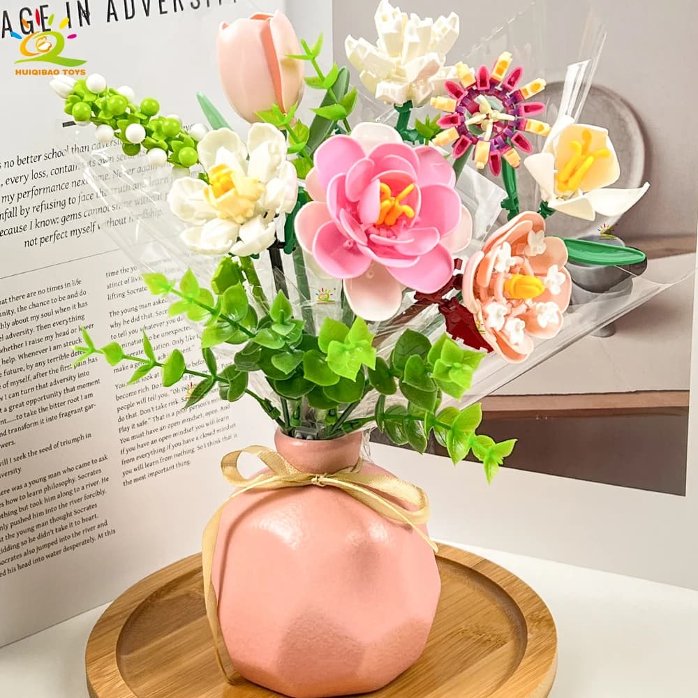 HUIQIBAO MOC Flower Bouquet Model Micro Building Block DIY Rose Eternal Home Desk Plant Decoration Brick Girl Gift Children Toy - 3